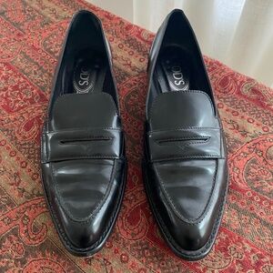Tod’s Black Leather Penny Loafers, Size 8.5